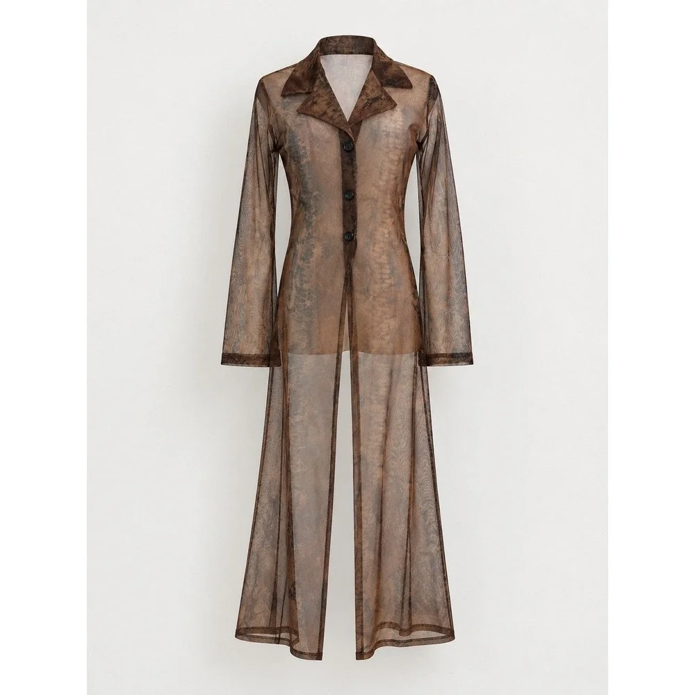 Vtg Y2K Sheer Duster M Brown Snake Skin Print Whimsigoth Goth Indie Grunge Boho - Picture 1 of 6
